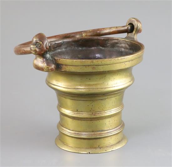 A 15th century German or Flemish brass Holy Water bucket, diameter 7.5in., height to lugs 6.25in.